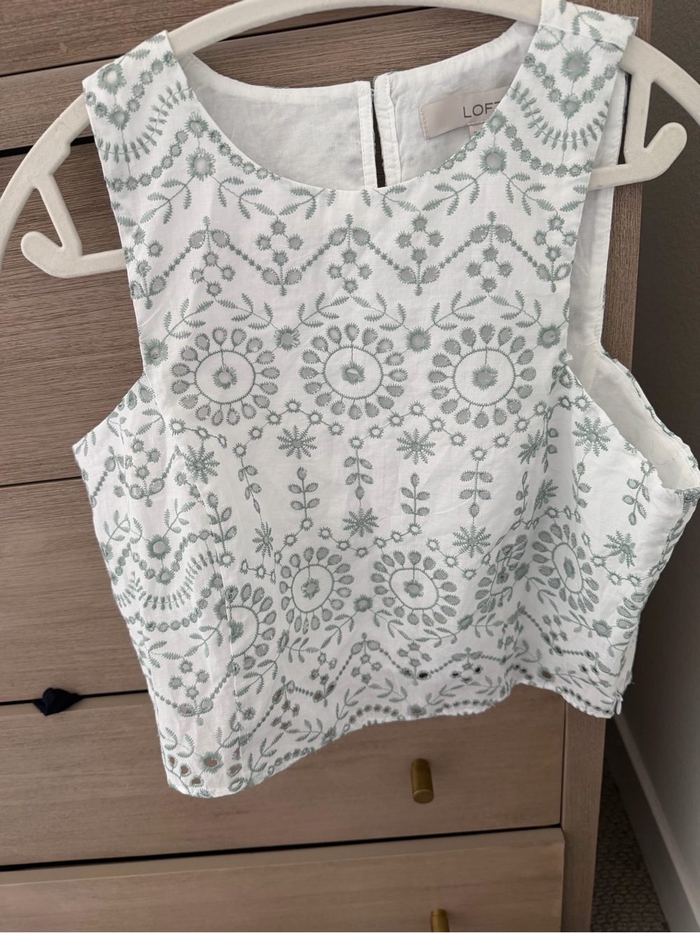 LOFT White Cropped Tank with Sage Green Embroidery